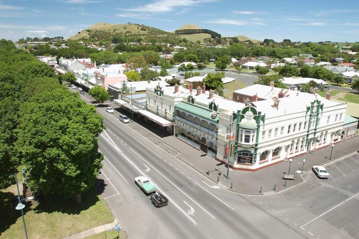 Camperdown clocktower view 1 A view of a country town's buildings and trees from a high vantage point.