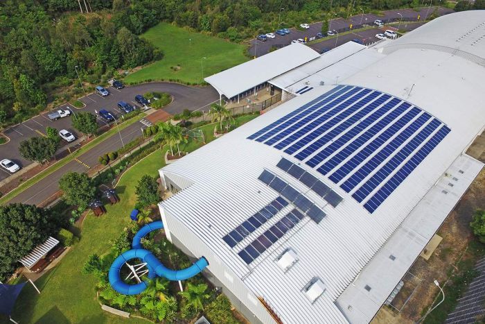 Lismore solar project An aerial view of a solar farm on the Lismore leisure centre.