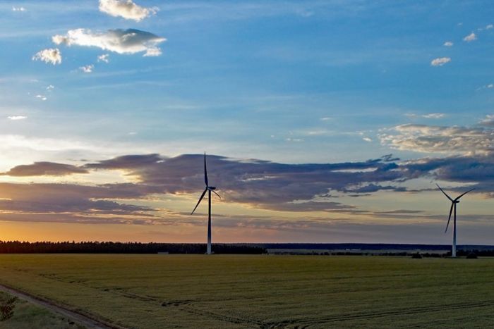 Yaloak Wind Farm windmills on a green paddock