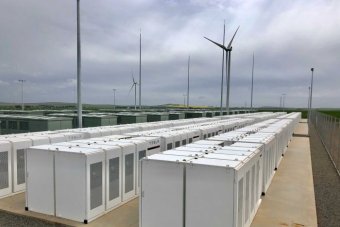 Hornsdale Power Reserve Rows and rows of white boxes line underneath windmills.