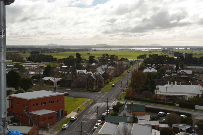 Camperdown clocktower view 2 A view of a country town and the farmland, lakes and mountains beyond, taken from a high vantage point.