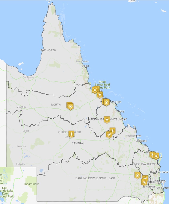 Queensland solar farms map Map of Queensland with icons where solar farms are located