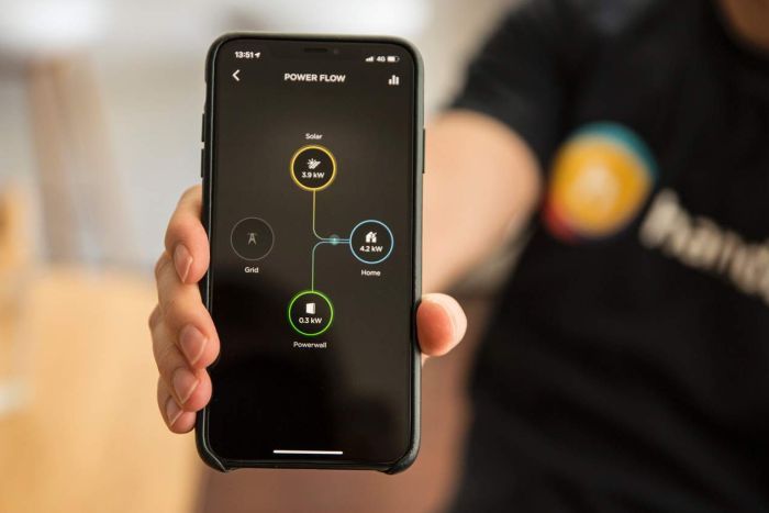 Tesla Powerwall App hand holding a mobile phone showing bright graphs